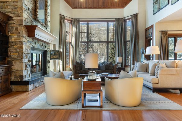 Fireplace, Interior, Living room, Recessed Lighting, Stone Walls, Wooden Ceilings, Wood Texture Flooring