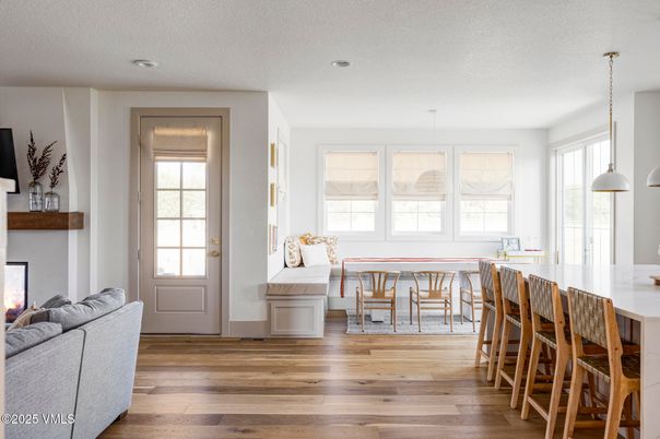 Dining room, Interior, Pendant Lights, Recessed Lighting, Wood Texture Flooring