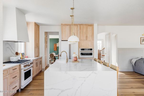 Interior, Kitchen, Pendant Lights, Stainless Steel Appliances, Wood Texture Flooring