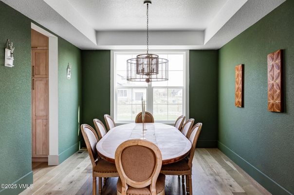 Dining room, Interior, Pendant Lights, Wood Texture Flooring