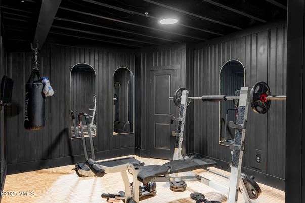 Fitness Equipment, Interior, Recessed Lighting, Wood Texture Flooring, Wooden Walls