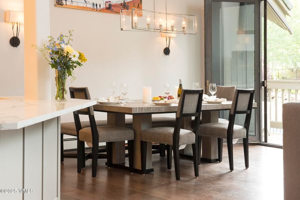 Dining room, Interior, Pendant Lights, Wood Texture Flooring