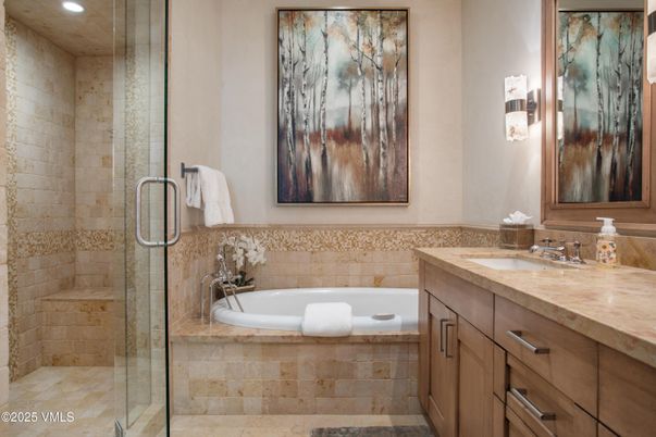 Bathroom, Glass Shower, Interior, Recessed Lighting, Stone Walls