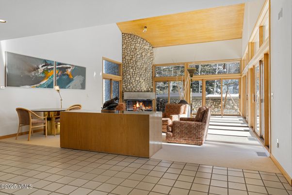 Fireplace, Interior, Living room, Pendant Lights, Recessed Lighting, Wooden Ceilings