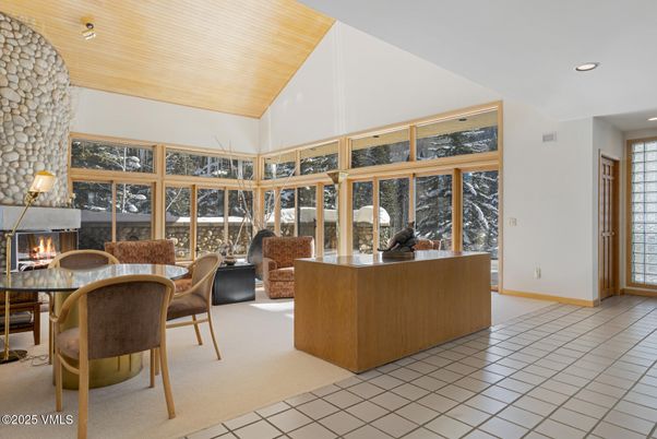 Dining room, Fireplace, Interior, Recessed Lighting, Wooden Ceilings