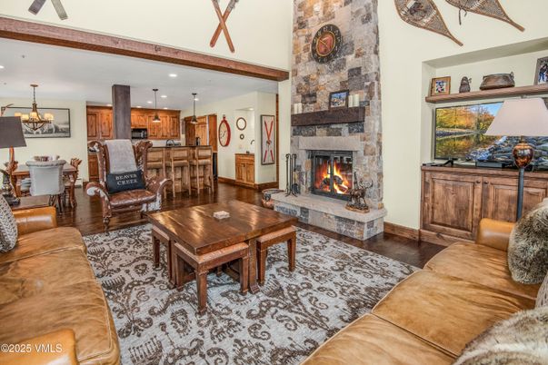 Dining room, Fireplace, Interior, Kitchen, Living room, Pendant Lights, Recessed Lighting, Stone Walls, Wood Texture Flooring