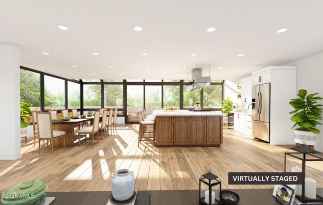 Dining room, Interior, Kitchen, Recessed Lighting, Stainless Steel Appliances, Wood Texture Flooring