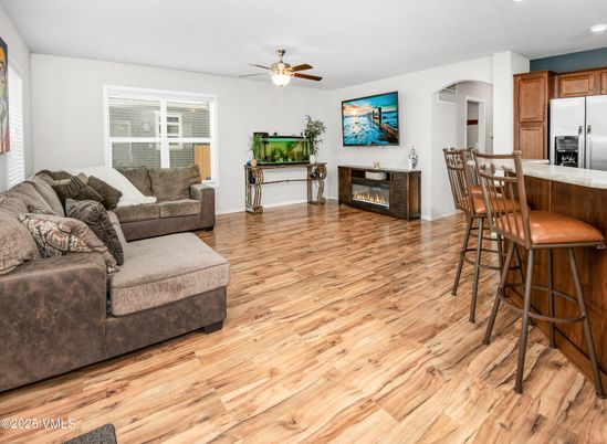 Fireplace, Interior, Kitchen, Living room, Recessed Lighting, Wood Texture Flooring