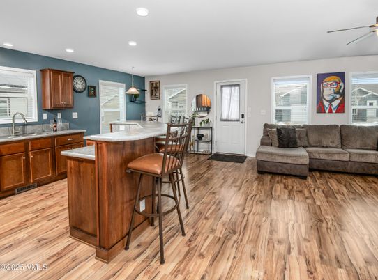 Interior, Kitchen, Living room, Pendant Lights, Recessed Lighting, Wood Texture Flooring