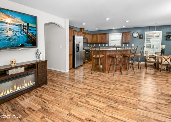 Dining room, Fireplace, Interior, Kitchen, Pendant Lights, Recessed Lighting, Wood Texture Flooring