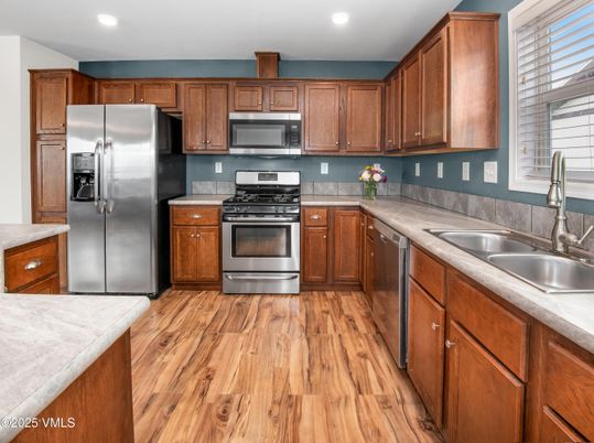 Interior, Kitchen, Recessed Lighting, Stainless Steel Appliances, Wood Texture Flooring
