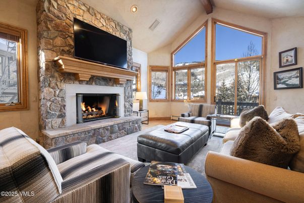 Fireplace, Interior, Living room, Recessed Lighting, Stone Walls, Wooden Beams