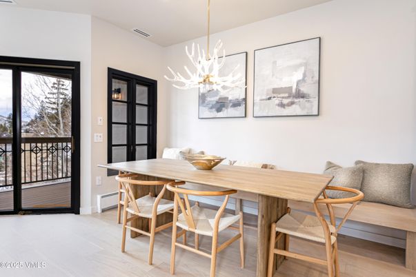 Dining room, Interior, Pendant Lights, Wood Texture Flooring
