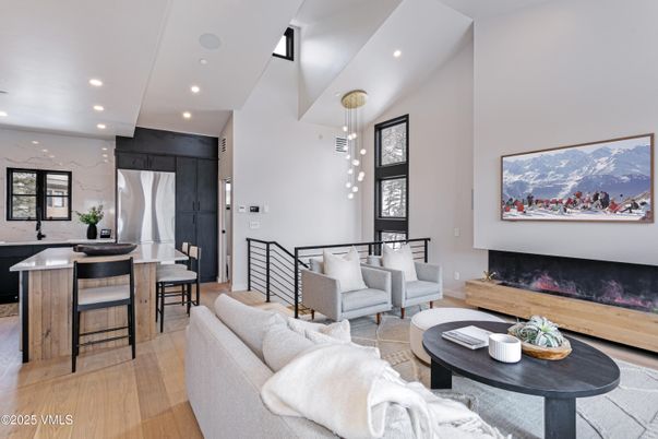 Dining room, Fireplace, Interior, Living room, Pendant Lights, Recessed Lighting, Wood Texture Flooring