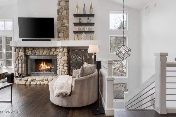 Fireplace, Interior, Living room, Pendant Lights, Wood Texture Flooring