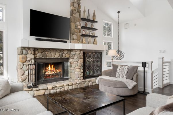 Fireplace, Interior, Living room, Pendant Lights, Wood Texture Flooring