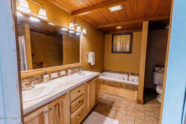 Bathroom, Dual Sink Vanities, Interior, Recessed Lighting, Wooden Beams, Wooden Ceilings
