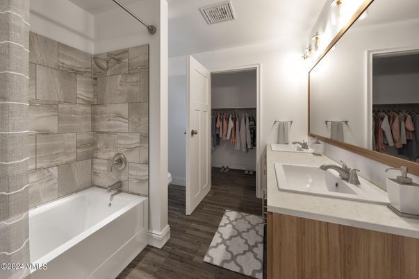 Bathroom, Dual Sink Vanities, Interior, Walk-in Closets, Wood Texture Flooring