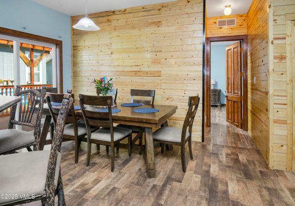 Dining room, Interior, Pendant Lights, Wood Texture Flooring, Wooden Walls