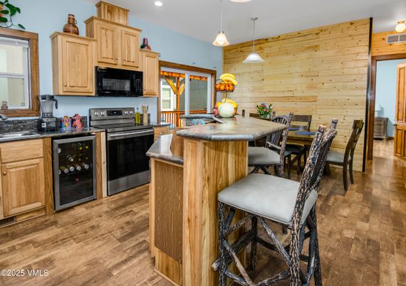 Dining room, Interior, Kitchen, Pendant Lights, Recessed Lighting, Wood Texture Flooring, Wooden Walls