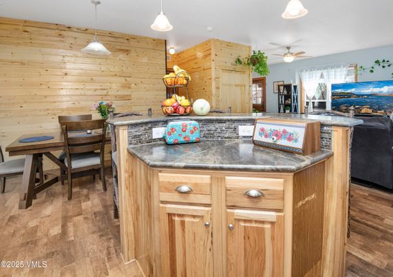 Dining room, Interior, Kitchen, Pendant Lights, Wood Texture Flooring, Wooden Walls
