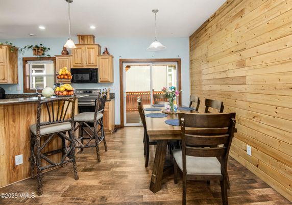 Dining room, Interior, Kitchen, Pendant Lights, Recessed Lighting, Wood Texture Flooring, Wooden Walls