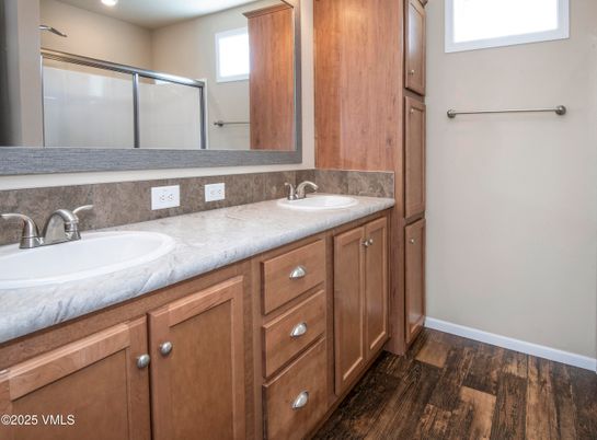 Bathroom, Dual Sink Vanities, Interior, Recessed Lighting, Wood Texture Flooring
