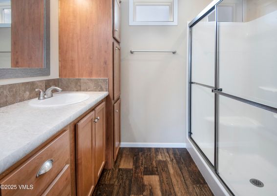 Bathroom, Glass Shower, Interior, Tile Countertops, Wood Texture Flooring