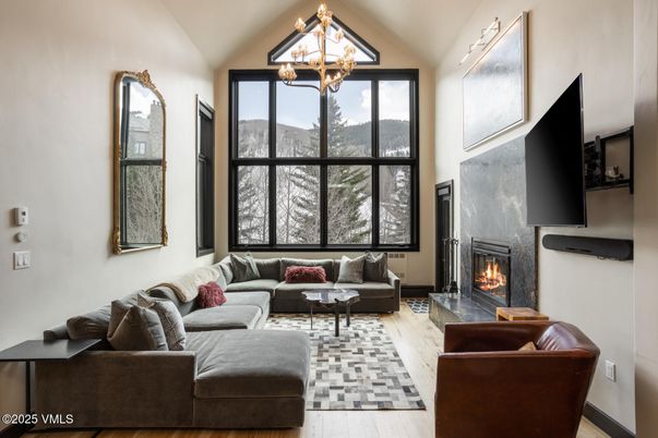 Fireplace, Interior, Living room, Pendant Lights, Wood Texture Flooring