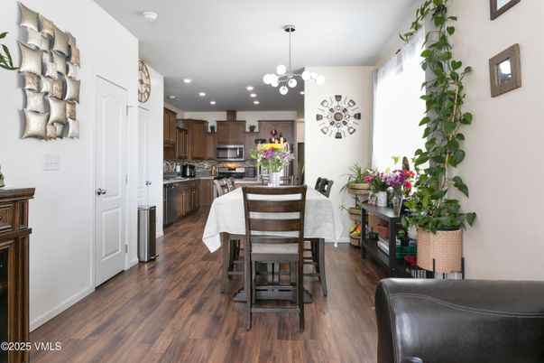 Dining room, Interior, Kitchen, Pendant Lights, Recessed Lighting, Stainless Steel Appliances, Wood Texture Flooring