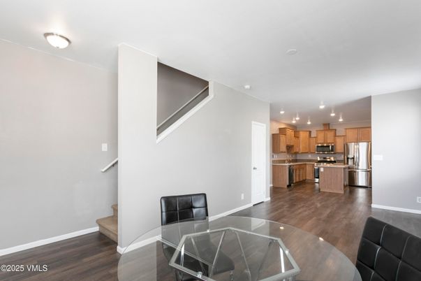 Dining room, Interior, Kitchen, Recessed Lighting, Stainless Steel Appliances, Wood Texture Flooring