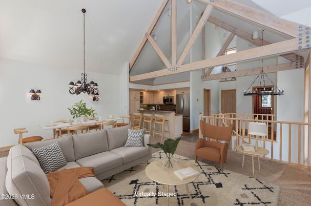 Chandelier, Dining room, Interior, Kitchen, Living room, Pendant Lights, Stainless Steel Appliances, Wooden Beams