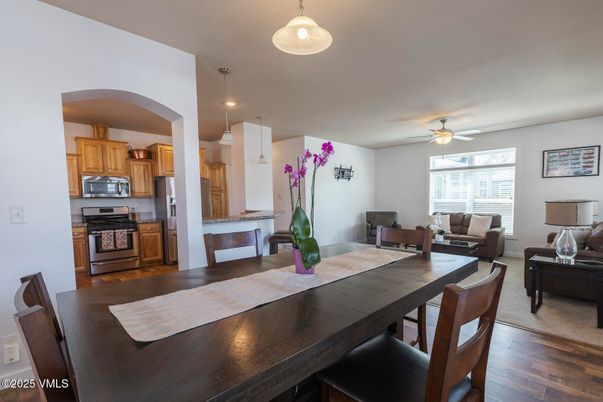 Dining room, Interior, Kitchen, Living room, Pendant Lights, Stainless Steel Appliances, Wood Texture Flooring
