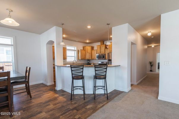 Dining room, Interior, Kitchen, Pendant Lights, Recessed Lighting, Wood Texture Flooring