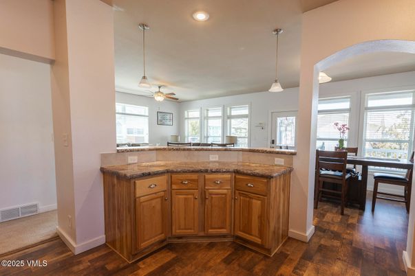Dining room, Interior, Pendant Lights, Recessed Lighting, Wood Texture Flooring