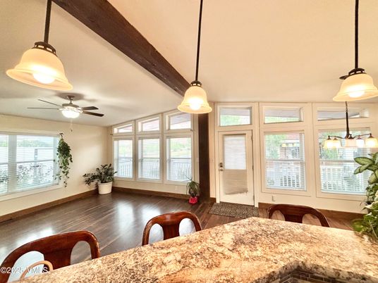 Dining room, Interior, Pendant Lights, Wood Texture Flooring