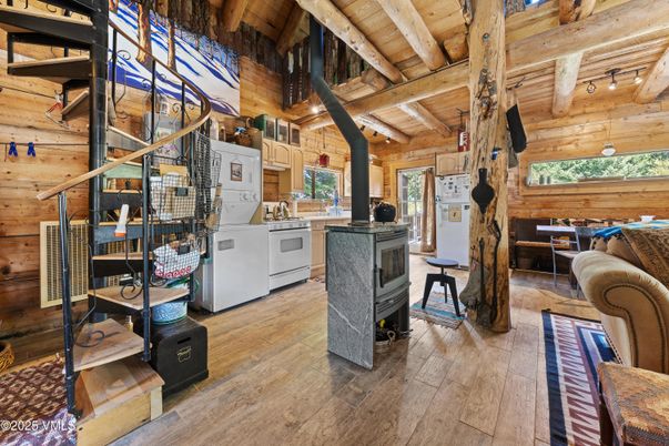 Dining room, Interior, Kitchen, Washer, Wooden Beams, Wooden Ceilings, Wood Texture Flooring, Wooden Walls