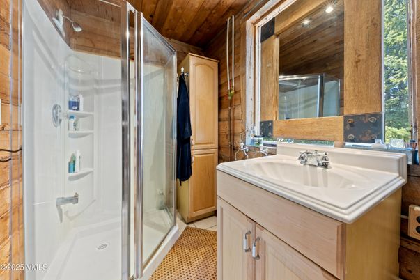 Bathroom, Glass Shower, Interior, Recessed Lighting, Tile Countertops, Wooden Ceilings
