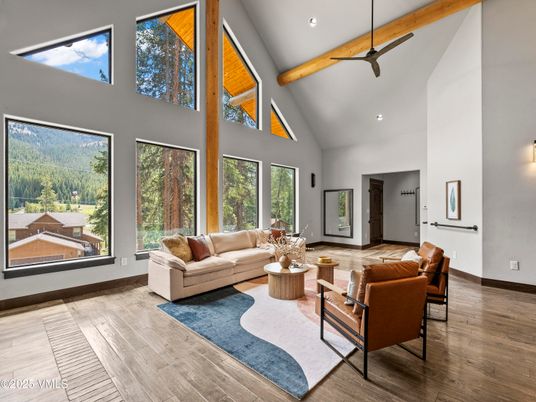 Interior, Living room, Pendant Lights, Recessed Lighting, Wooden Beams, Wood Texture Flooring