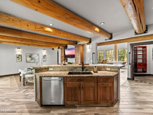 Dining room, Interior, Kitchen, Recessed Lighting, Wooden Beams, Wood Texture Flooring