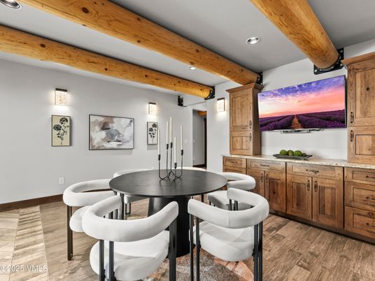 Dining room, Interior, Recessed Lighting, Wooden Beams, Wood Texture Flooring