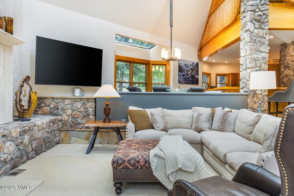 Interior, Living room, Pendant Lights, Recessed Lighting, Stone Walls