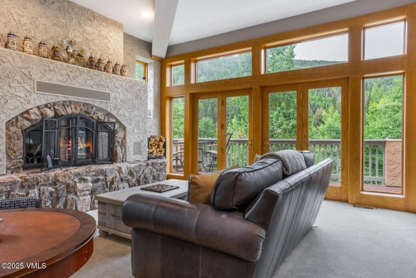Fireplace, Interior, Living room, Recessed Lighting, Stone Walls