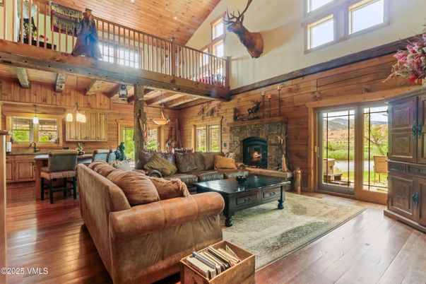 Fireplace, Interior, Living room, Pendant Lights, Wooden Beams, Wooden Ceilings, Wood Texture Flooring, Wooden Walls