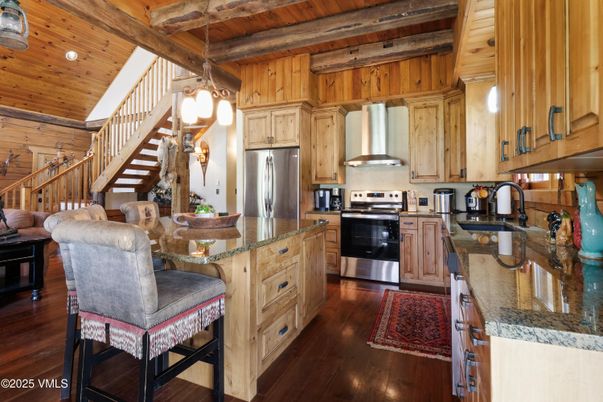 Interior, Kitchen, Pendant Lights, Recessed Lighting, Stainless Steel Appliances, Wooden Beams, Wooden Ceilings, Wood Texture Flooring, Wooden Walls