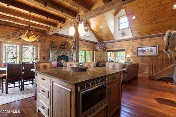 Dining room, Fireplace, Interior, Kitchen, Living room, Pendant Lights, Wooden Beams, Wooden Ceilings, Wood Texture Flooring, Wooden Walls