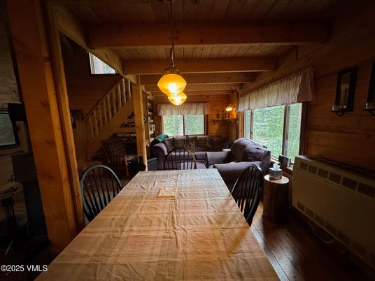 Dining room, Interior, Living room, Pendant Lights, Wooden Beams, Wooden Ceilings, Wood Texture Flooring, Wooden Walls