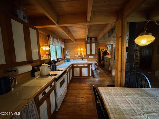 Interior, Kitchen, Tile Countertops, Wooden Beams, Wooden Ceilings, Wood Texture Flooring, Wooden Walls