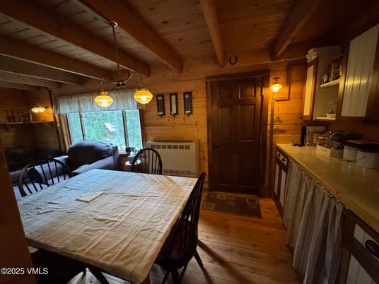 Dining room, Interior, Pendant Lights, Wooden Beams, Wooden Ceilings, Wood Texture Flooring, Wooden Walls