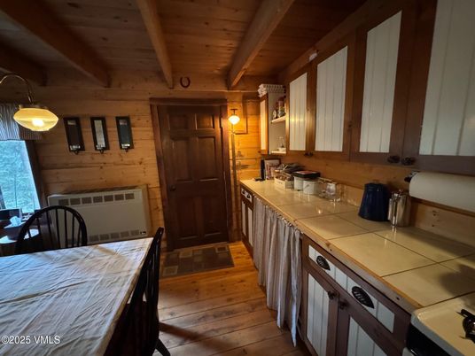 Interior, Kitchen, Tile Countertops, Wooden Beams, Wooden Ceilings, Wood Texture Flooring, Wooden Walls